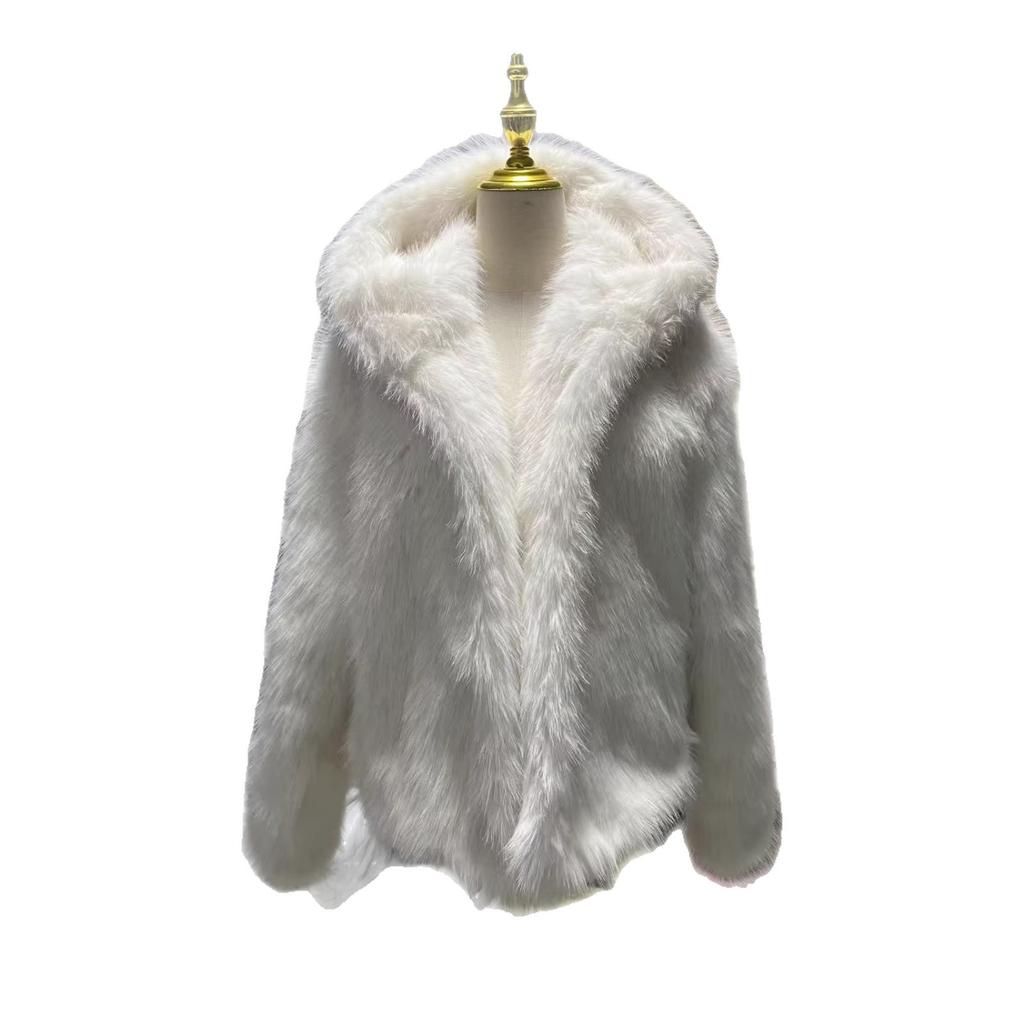 Hooded artificial fur imitation fur jacket fox fur coat autumn and winter short plush jacket fluff C