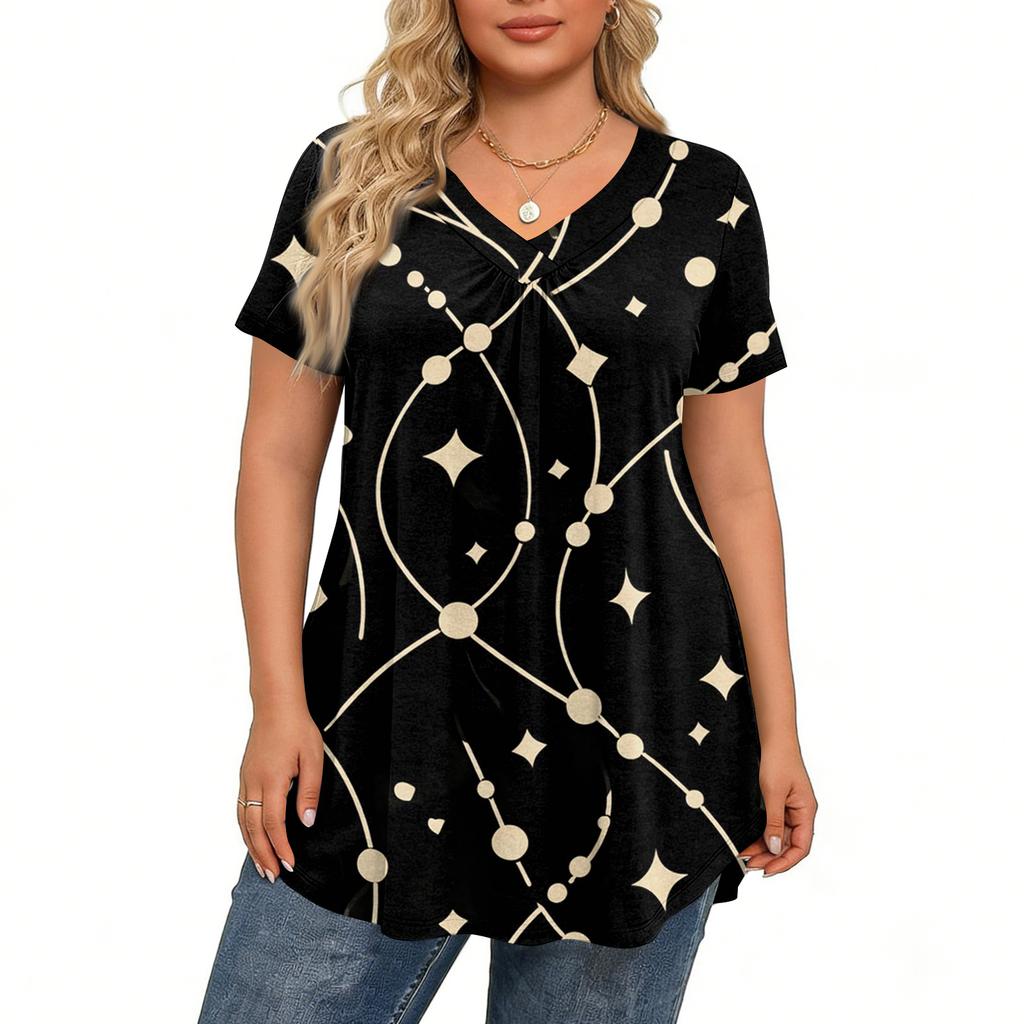 Blusa Casual Elegante Feminina Plus Size, Manga Curta, Decote V, Corte Amplo, Para o Trabalho