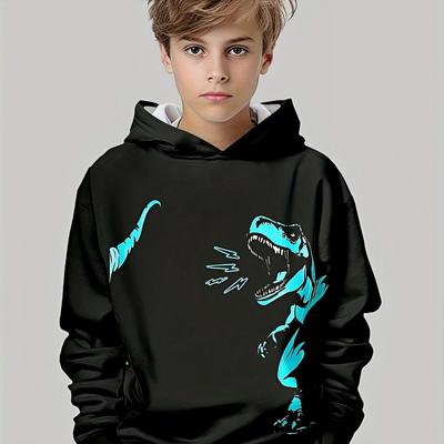 Dinosaur Patterned Hooded Sweatshirt, Casual Long Sleeved, Polyester Blend, Slightly Elastic, Random Print, Regular Pattern