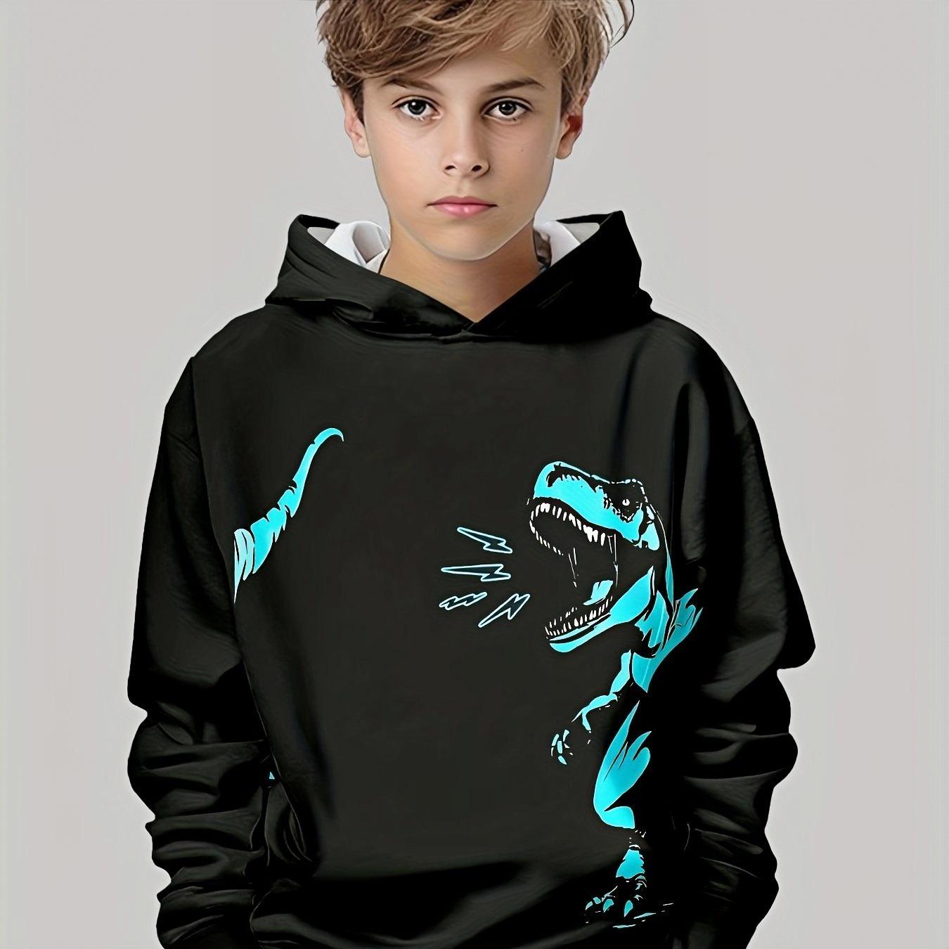 

Dinosaur patterned hooded sweatshirt, casual long sleeved, polyester blend, slightly elastic, random print, regular pattern 13-14Y