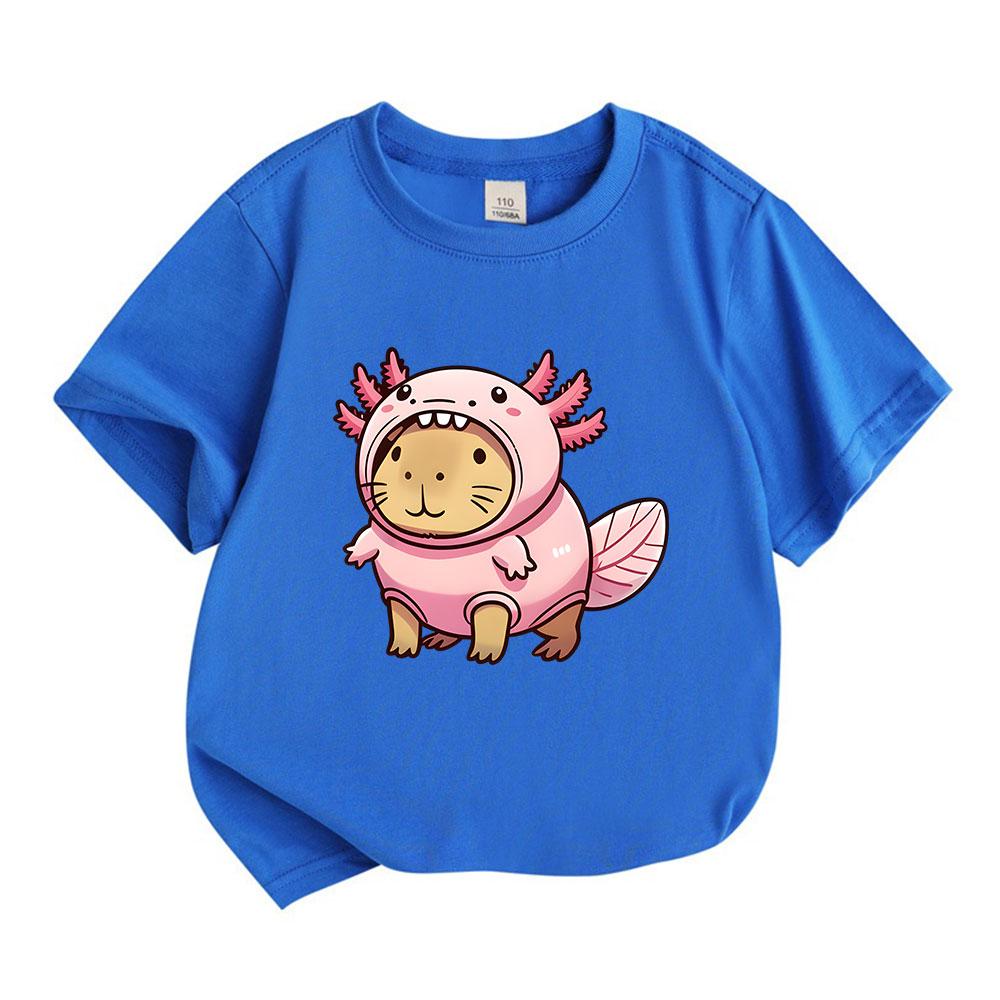 Kids Boys Girls 100% Cotton Crew Neck Short Sleeve T-Shirt, Cute Capybara In Axolotl Costume Printed Casual Soft Breathable Summer Tee For Children Da