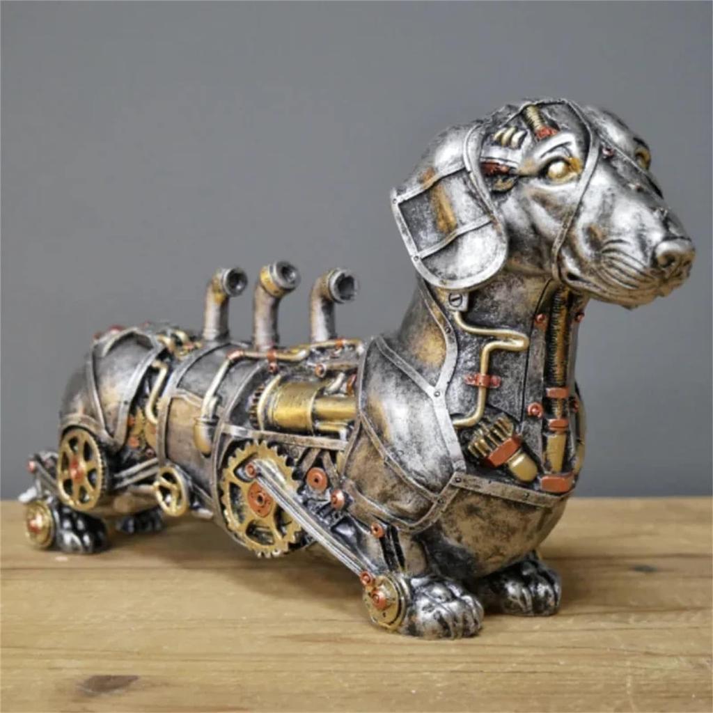 Dachshund Statue and Carved Sculpture Mechanical Punk Style Dachshund Statue Animal Statue Steampunk Modern Home Decor Resin Statue for Coffee Table,