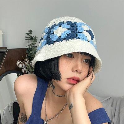 Handgemachte gehäkelte Blumen-Eimermütze für Mädchen, koreanische Hot Travel Beach Panama Caps Design Strickmütze Winter Beanie Wolle warme Mütze