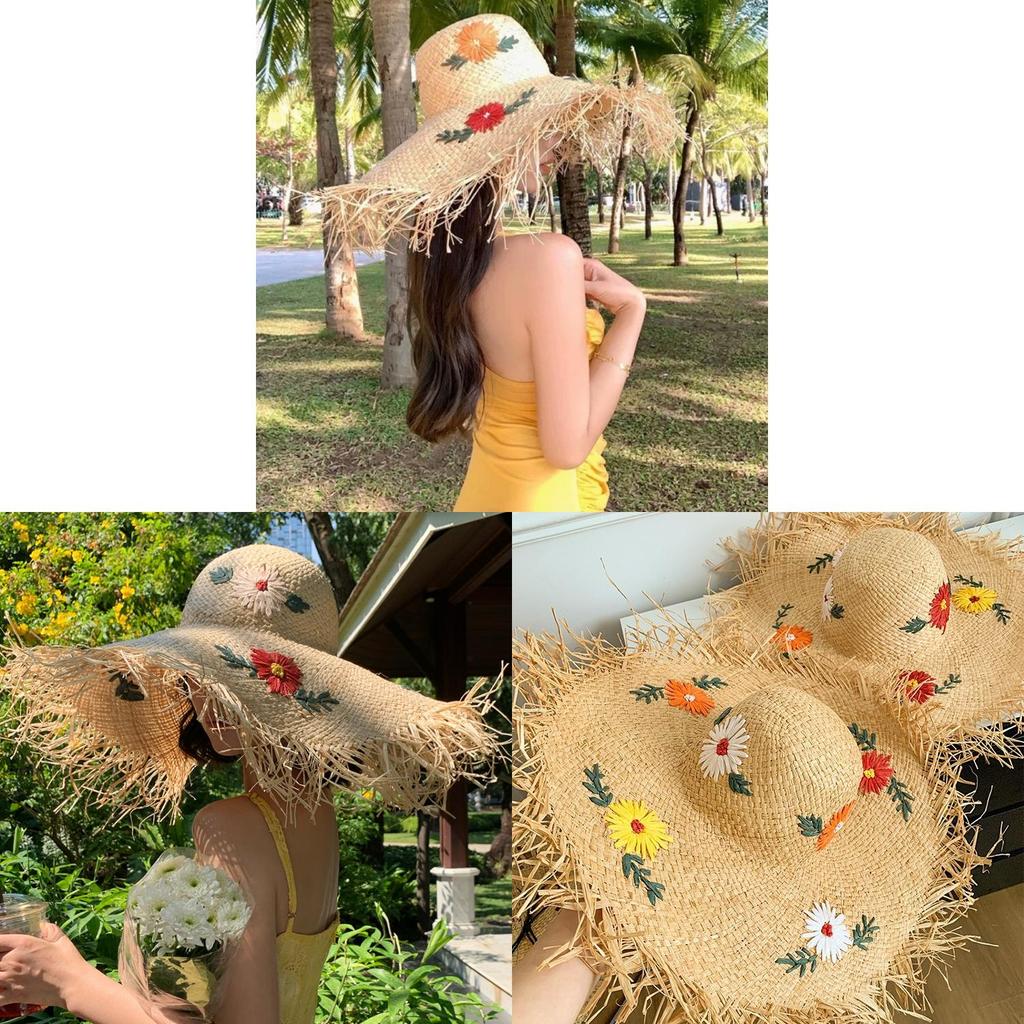 Raffia Straw Floppy Hat With Flower Details Handmade Sun Protection For Summer Beach And Garden