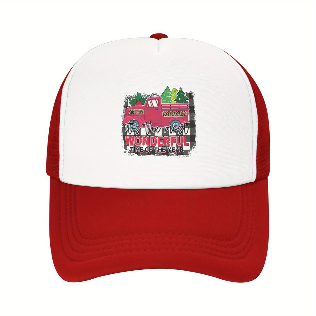 Wonderful Time of Year Christmas Trucker Hat Festive Red Truck Mesh Baseball Cap Breathable Adult Snapback