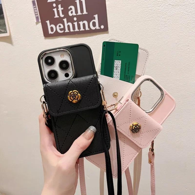 Luxury Crossbody Leather Cover for IPhone 15 14 Plus 13 12 11 Pro Max XS XR X Lanyard Card Holder Pocket Wallet Phone Case