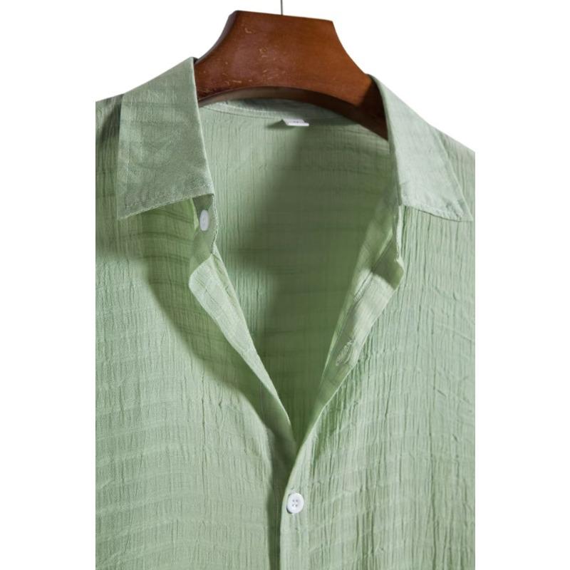 Men Fashion Casual Solid Color Stand Collar Short Sleeve Shirt