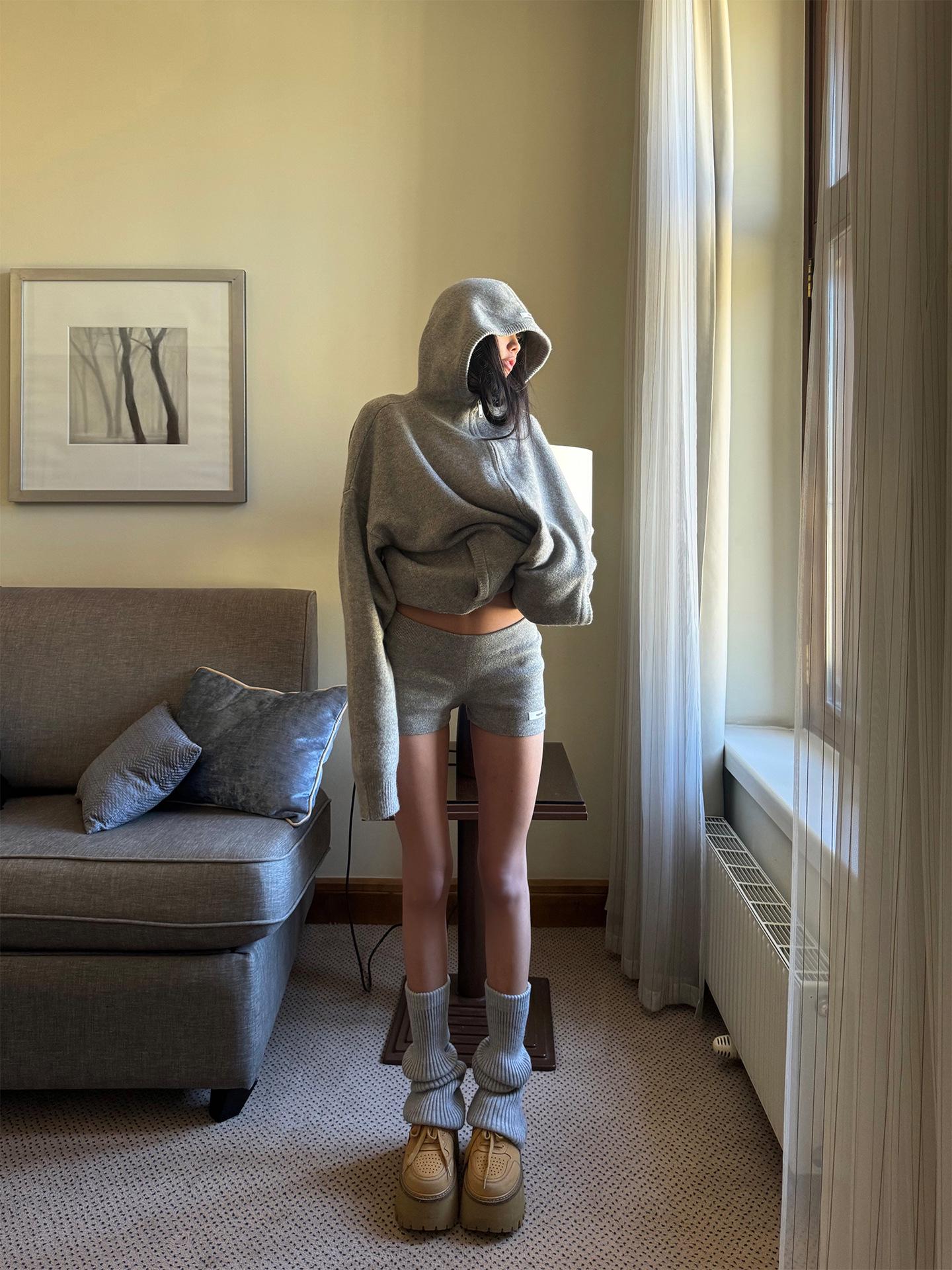 Han Hao Women s Grey Hooded Sweater - Autumn Loose Knitted Cardigan Jacket S