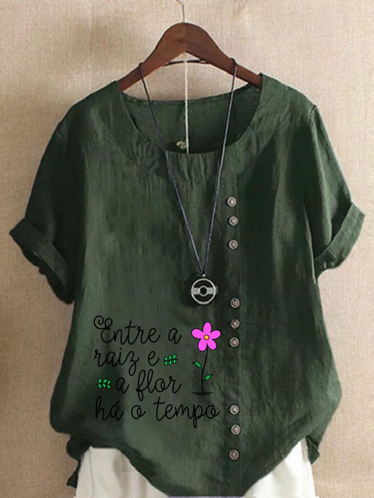 Women's Fashion Letter Print Casual Cotton Linen Short Sleeve Round Neck T-shirt Shirt Leisure Loose Summer Blouse Tops