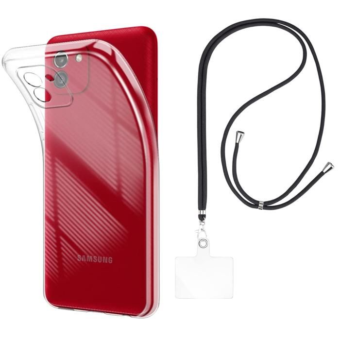 Case and Neck Strap for Samsung Galaxy A03 - Transparent Soft TPU Adjustable Black Cord Phonillico®