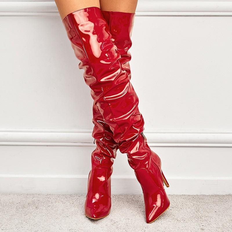 

Pleated Patent Leather Over-the-Knee Boots Fashion Pointed Toe Side Zipper Waterproof Non-Slip Heels 35 красный