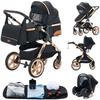 YAZOCO - 3-in-1 Pram System - With Carrycot-Car Seat - Up To 15Kg - Gold-Black