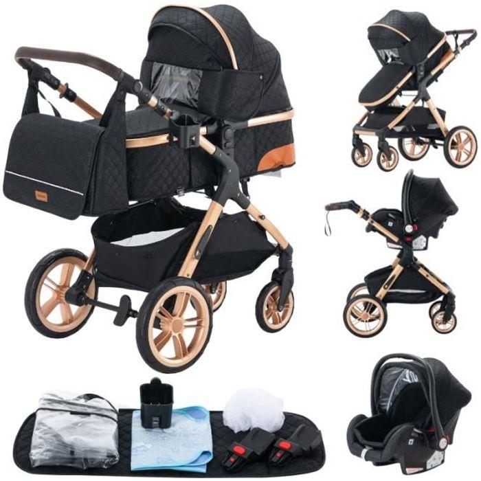 YAZOCO - 3-in-1 Pram System - With Carrycot-Car Seat - Up to 15Kg - Gold-Black nero