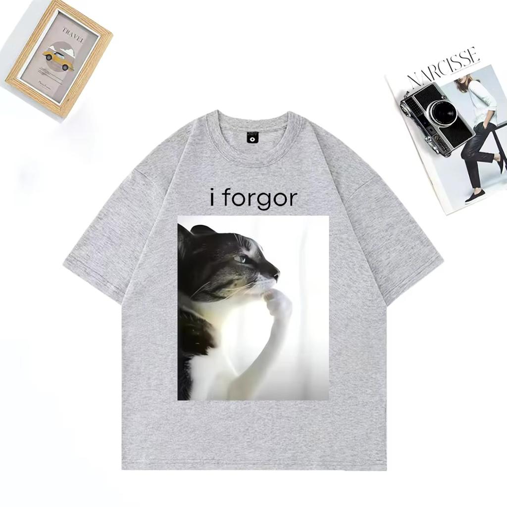 Funny Silly Cat Meme I Forget Cringe Brainrot Graphic Tshirt Unisex Unisexs Casual Oversized Clothes Vintage Cotton TShirts
