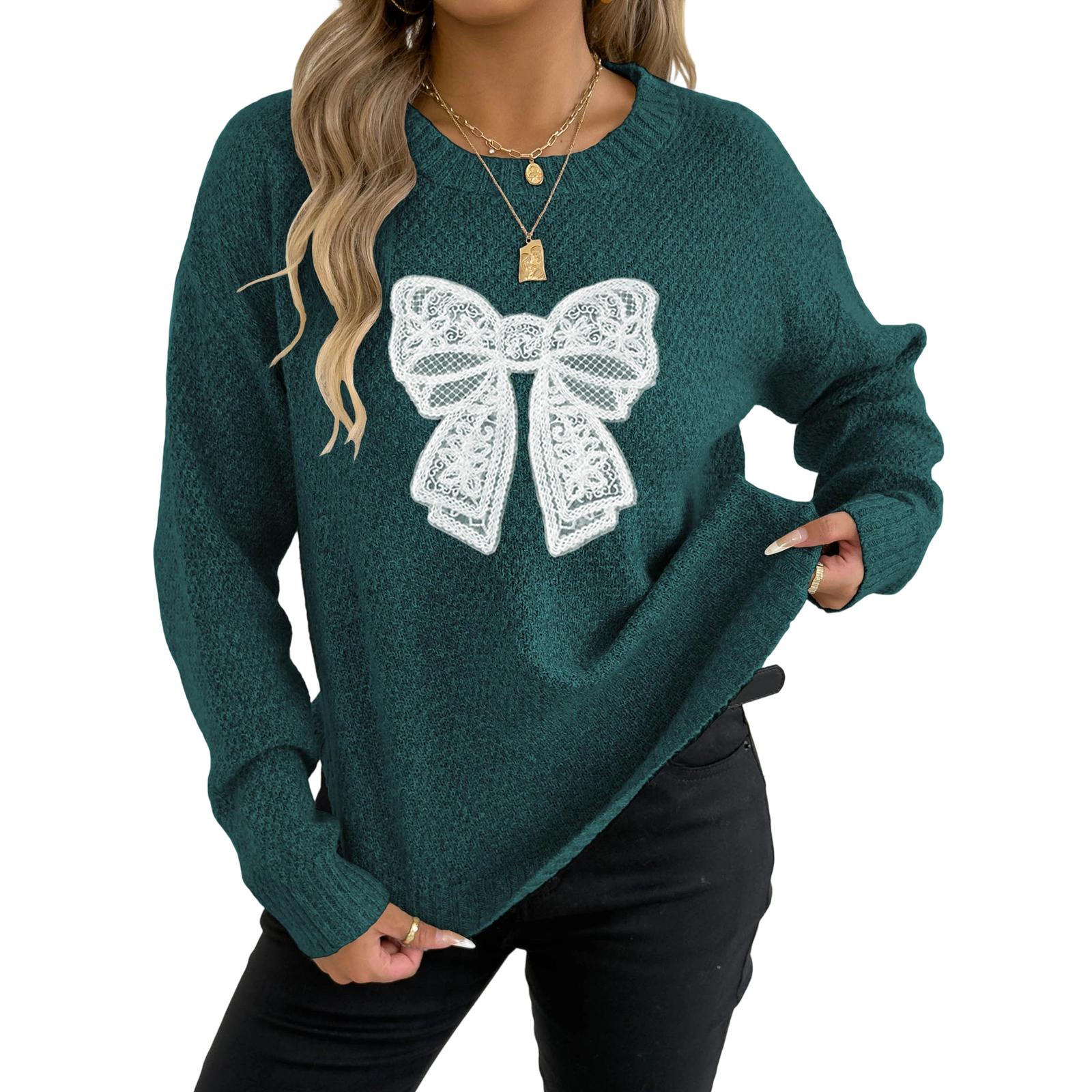 

Женский повседневный пуловер с круглым вырезом, свитер с вышивкой кружевом и бабочками L
