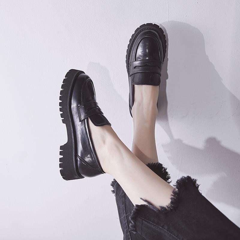 Single Shoes Women 'S New Black Platform Shoes Thick Bottom British Style Small Leather Shoes Women 'S Round Toe All -Match Women 'S Shoes