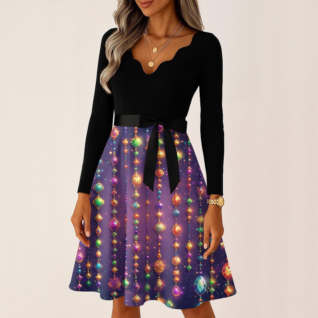 Dámské ležérní módní šaty s výstřihem do V, dlouhým rukávem, s potiskem, vintage, dlouhé