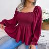 Frauen Frühling Sommer Square Neck Einfarbig Langarm Chiffon Hemd Holz Ohren Tops
