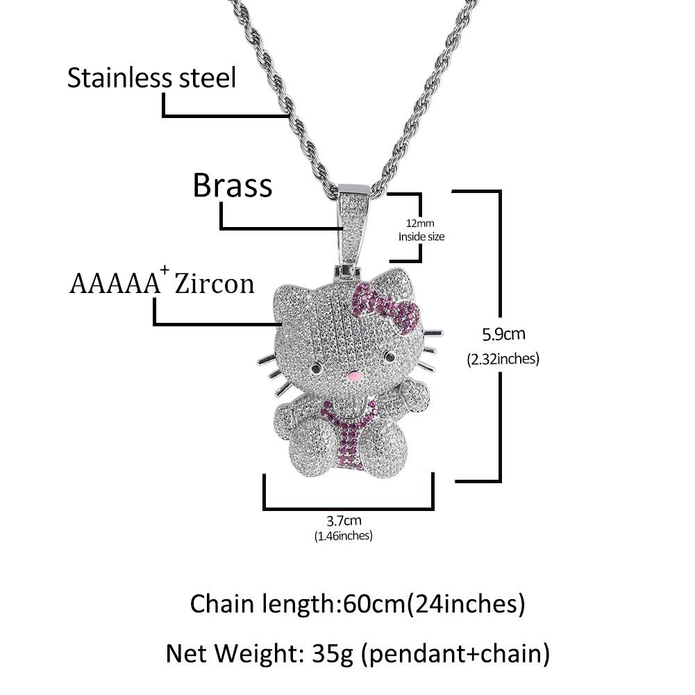 Collana carino in stile cartone animato con incastonatura di diamanti, collana con ciondolo gatto e fiocco rosa alla moda, gioielli da donna