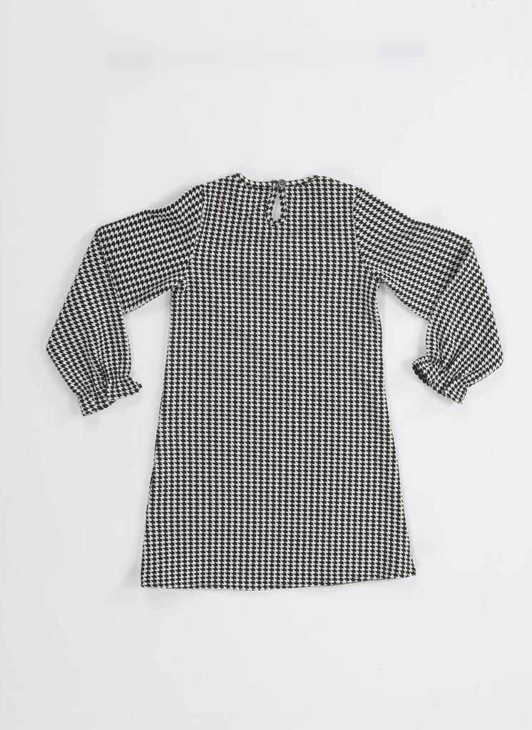 Shiny Cat Embroidered Houndstooth Girls Dress