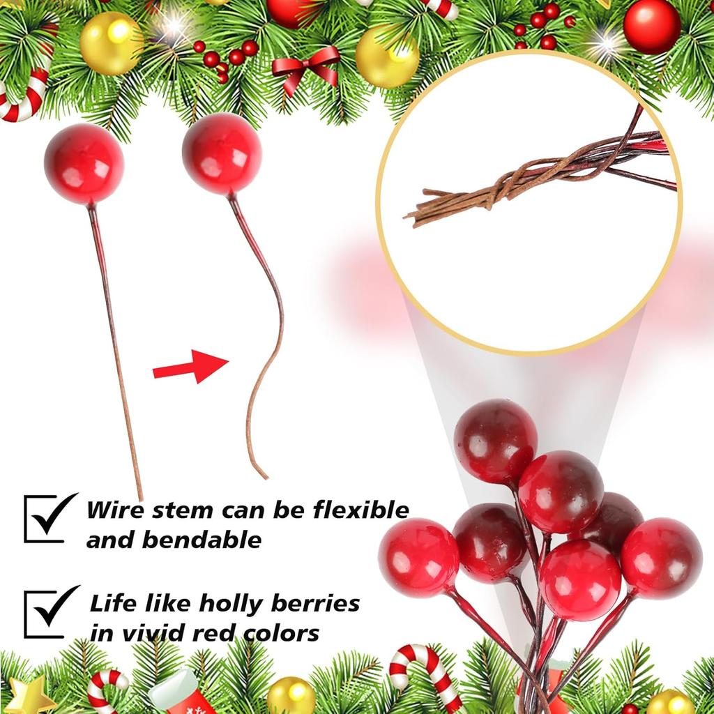 100 Pcs Wine Red Artificial Holly Berries, 10mm Mini Christmas Decor with Wire Stems for Wreath, Tree & Table Centerpieces