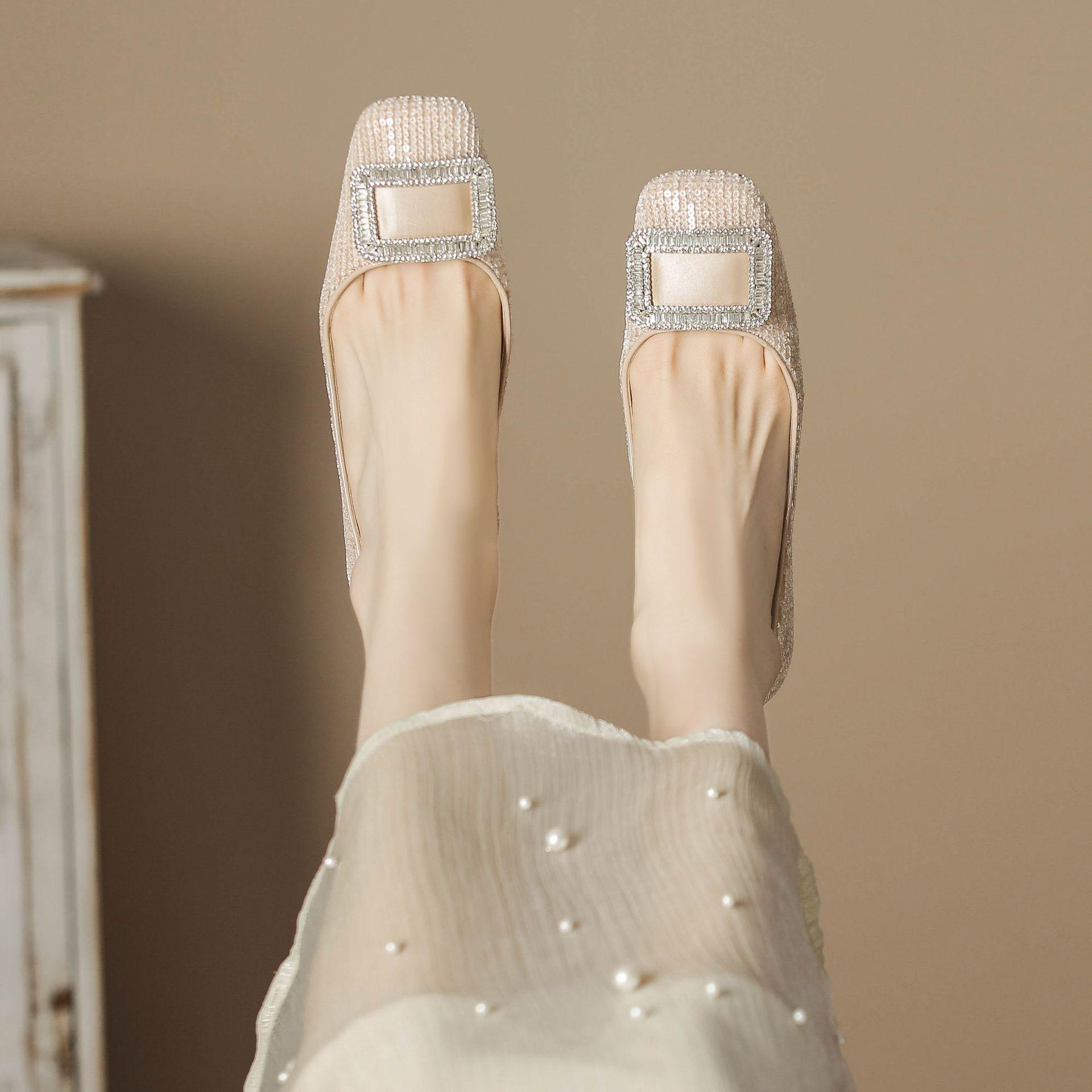 

H988-26 туфли с блестками из бисера, детские, темпераментные, с крупными стразами, кожаная стелька, квадратный носок, толстый каблук, высокие каблуки, женские 40 розовый