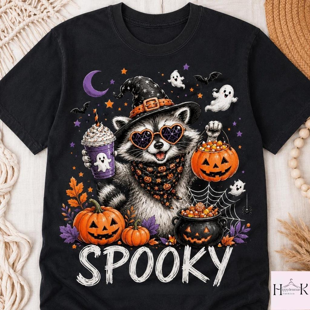 Spooky Raccoon Halloween, Cute Witch Raccoon, Pumpkin Unisex T-Shirt Size S-5XL