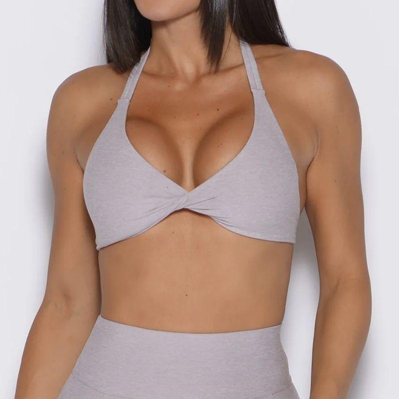 

European and American Fitness Yoga Sports Underwear Women Kinky Sexy Hanging Neck Backless Bra Nude Feel Sanding Breathable Quick-Drying Elastic Powder Ash M