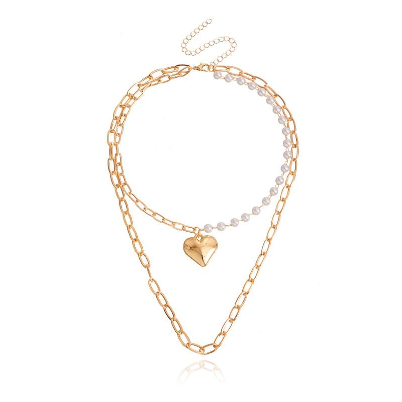 

Punk double layer geometric big heart pendant faux pearl necklace - trendy & versatile statement piece for women золотой