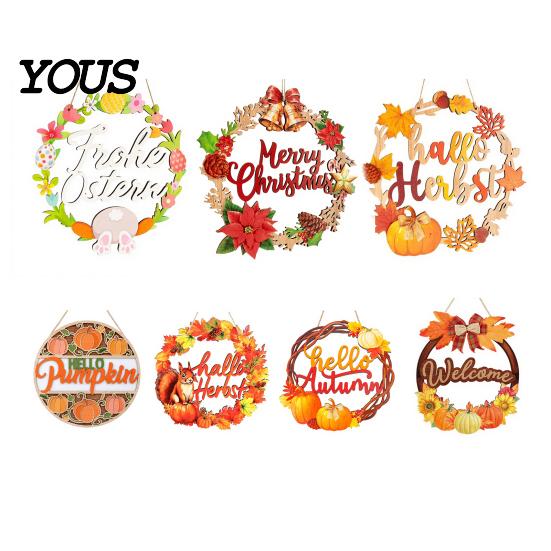 Country Style Porch Sign Autumn Harvest Wooden Wreath Pendant, Front Door Hanging Ornaments with Hemp Rope, Natural Wood Pastoral Decor Pumpkins Maple
