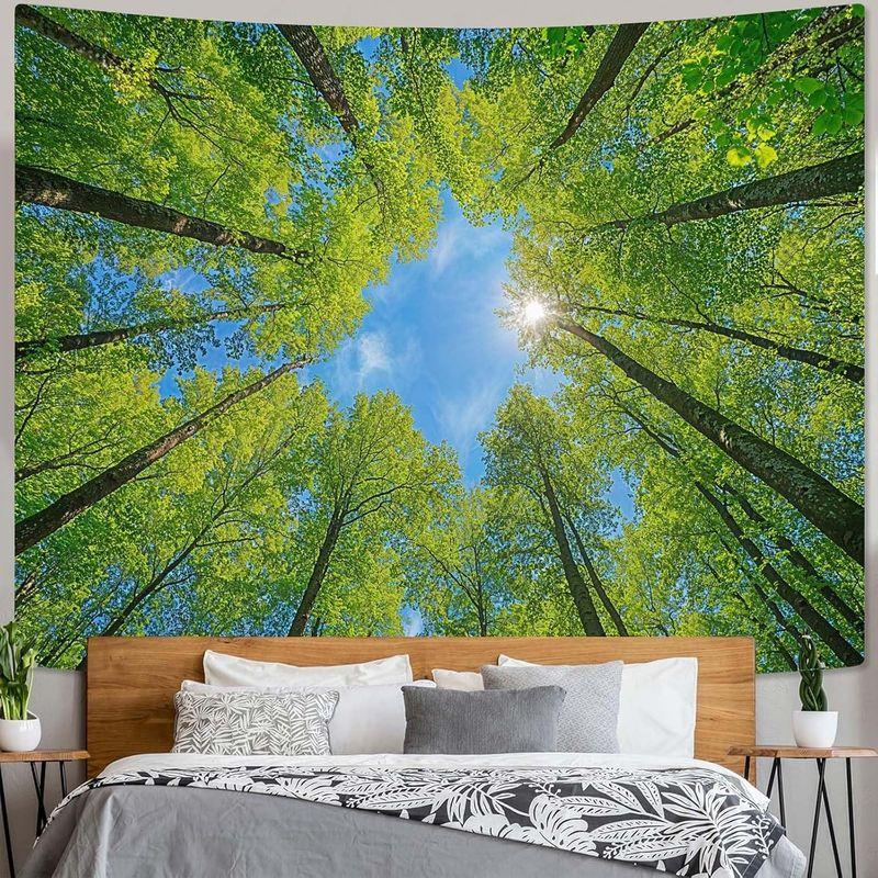 Green Forest Tree Canopy Tapestry Nature Sunshine Blue Sky Wall Hanging Boho Aesthetic Living Room Bedroom Home Decor