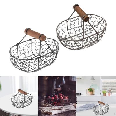2x Iron Mesh Fruit Basket Rack Reusable with Wooden Handle Photo Props Scene Layout for Home