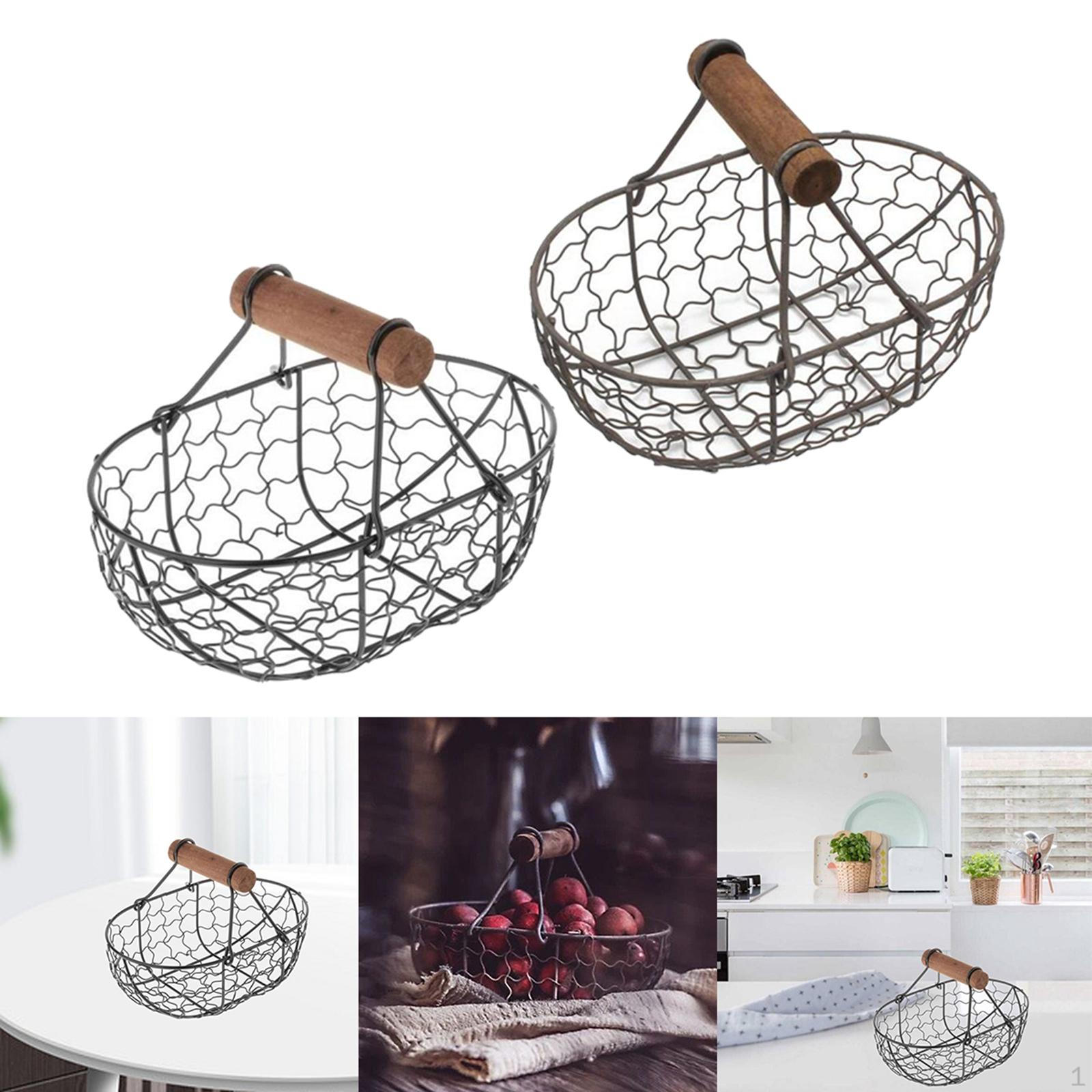 

2x Iron Mesh Fruit Basket Rack Reusable with Wooden Handle Photo Props Scene Layout for Home