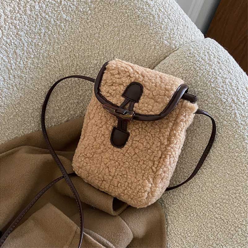Winter Women Faux Lambswool Phone Bag Cute Square Plush Crossbody Purse Portable Wallet Handbag