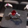 Hui Zhi Yi S925 Silver Red Corundum 6x8mm Oval Simple Fashion Ring for Women