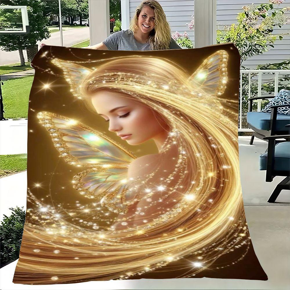 Enchanted Fairy Blanket - Cozy Plush Throw featuring a Woman with Golden Hair and Crystal Butterfly Wings, Ethereal Design with