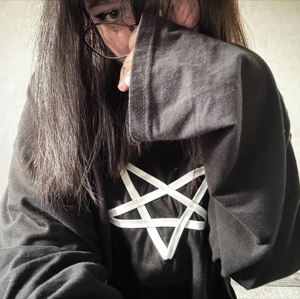 Evropský & Americký Podzimní Gotický Tmavý Punk Patch Dlouhý Rukáv Tričko Y2K Styl