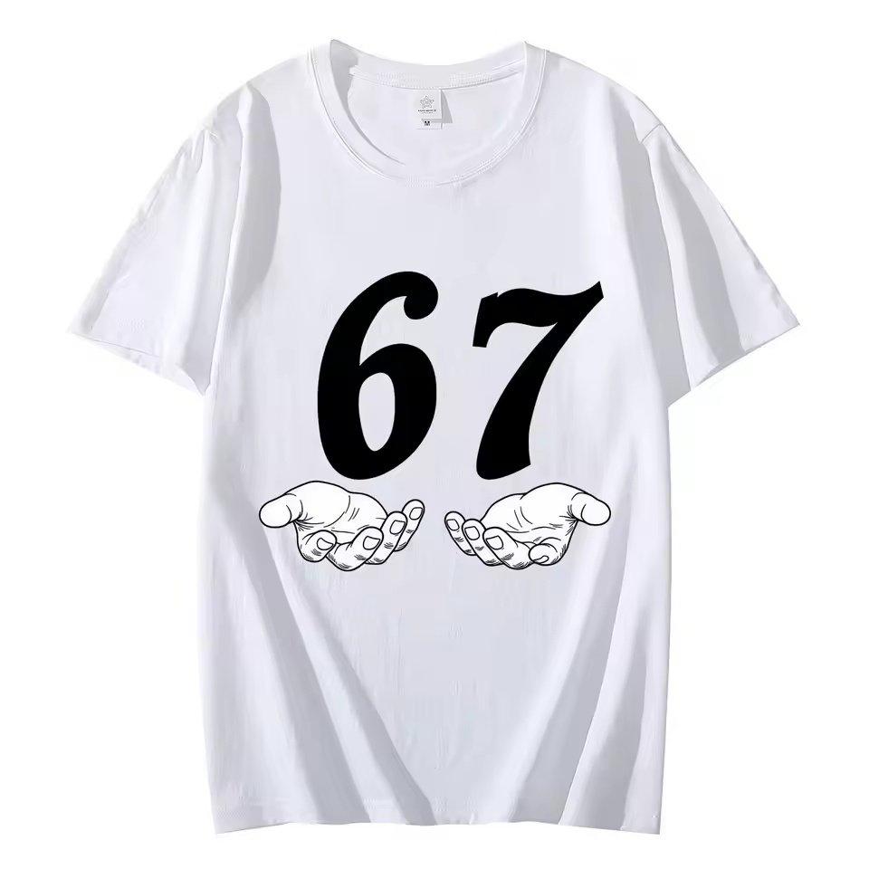 Amerikanischer Stil Six Seven 67 Cartoon Reine Baumwolle Bedruckt Sommer Neuer Modetrend T-Shirt für Unisex und Damen Locker Freizeit T-Shirt