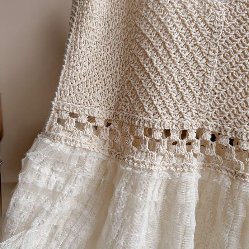 Bohemian Lace Spaghetti Strap Dress with Elegant Layered Mesh Skirt