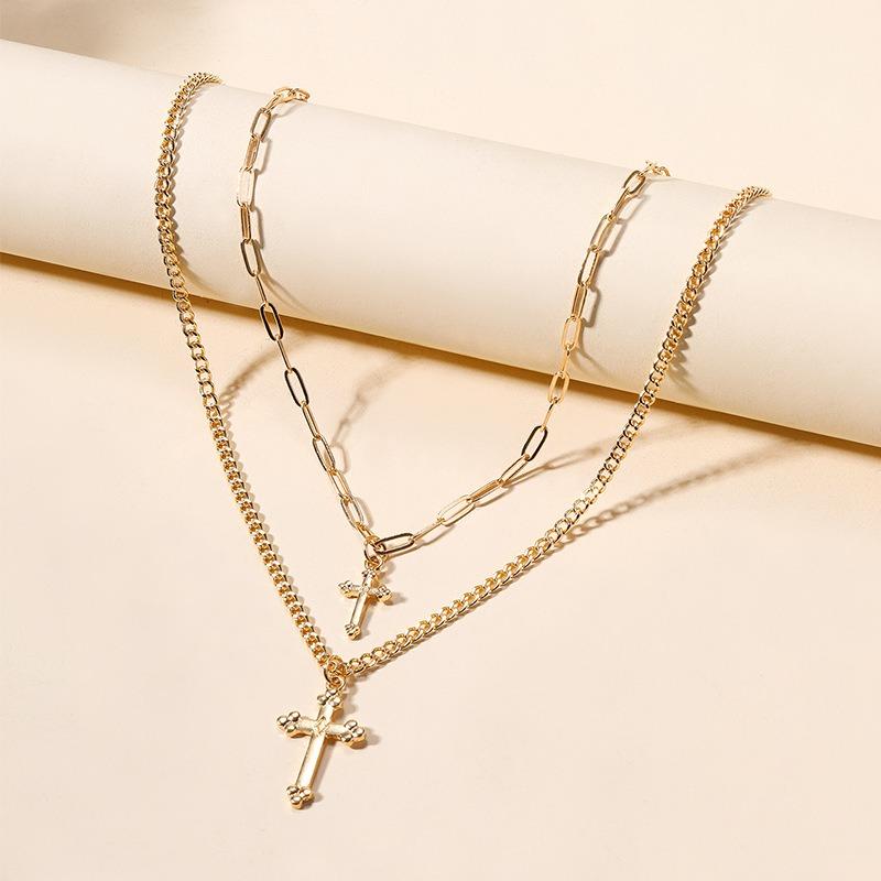 Alloy o-chain exaggerated niche light luxury jewelry cross multi-layer pendant necklace female collarbone chain