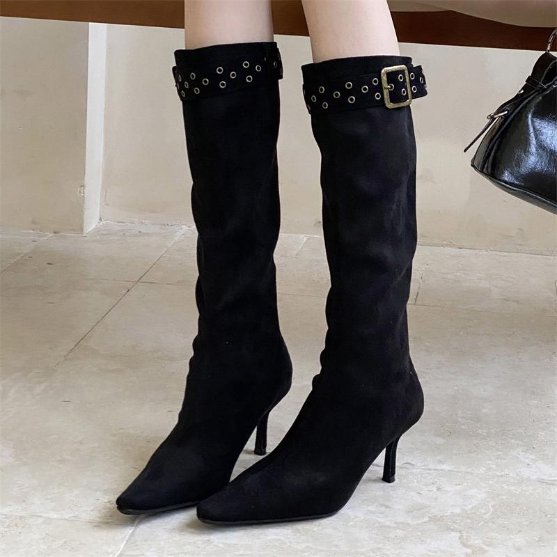 

Winter Pointed Toe Women Knee-High Boots Sexy Thin High Heels Zipper Shoes Designer Strap Buckle Long Booties 35