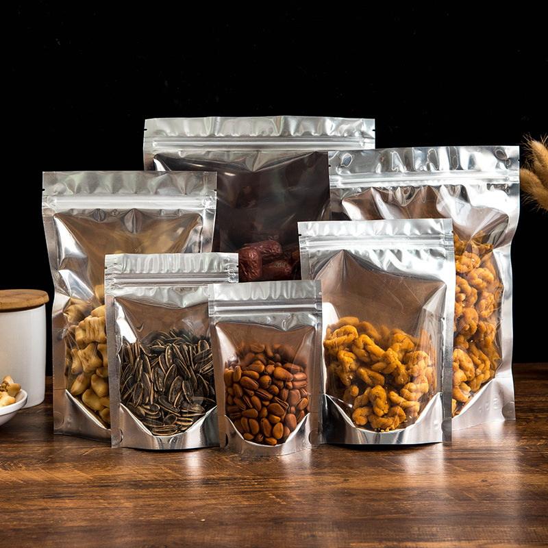100Pcs Wholesale Clear Front Transparent Stand Up Smell Proof Resealable Ziplock Aluminum Foil Packaging Mylar Food Bag