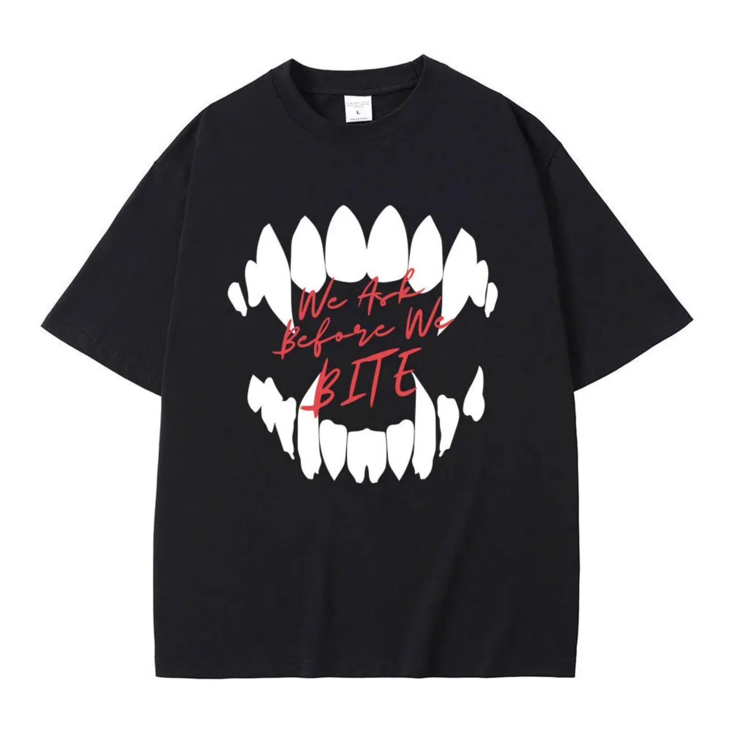 

We Ask Before We Bite Tooth Print T-shirt Men Women Short Sleeve Hip Hop Vintage Gothic Tshirt Oversized Pure Cotton Tops Tees S разноцветный