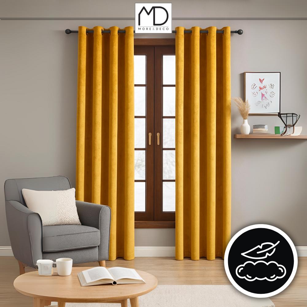 Aksamitna zasłona z przelotkami - musztardowa