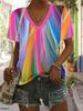 Color Printed T-shirt Top, Fashionable Summer Women's V-neck Short Sleeves, European and American Casual Pullover Clothing