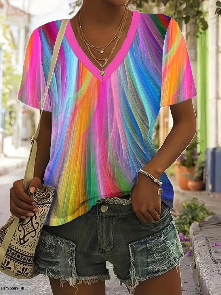 Color Printed T-shirt Top, Fashionable Summer Women's V-neck Short Sleeves, European and American Casual Pullover Clothing