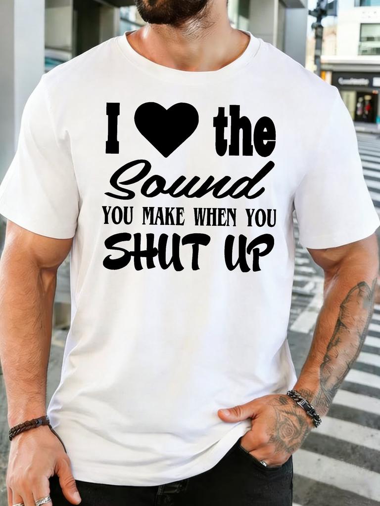 Men Crew Neck Tee Funny Heart Slogan Letter Text Print Short Sleeve Summer Loose Soft Casual Ba