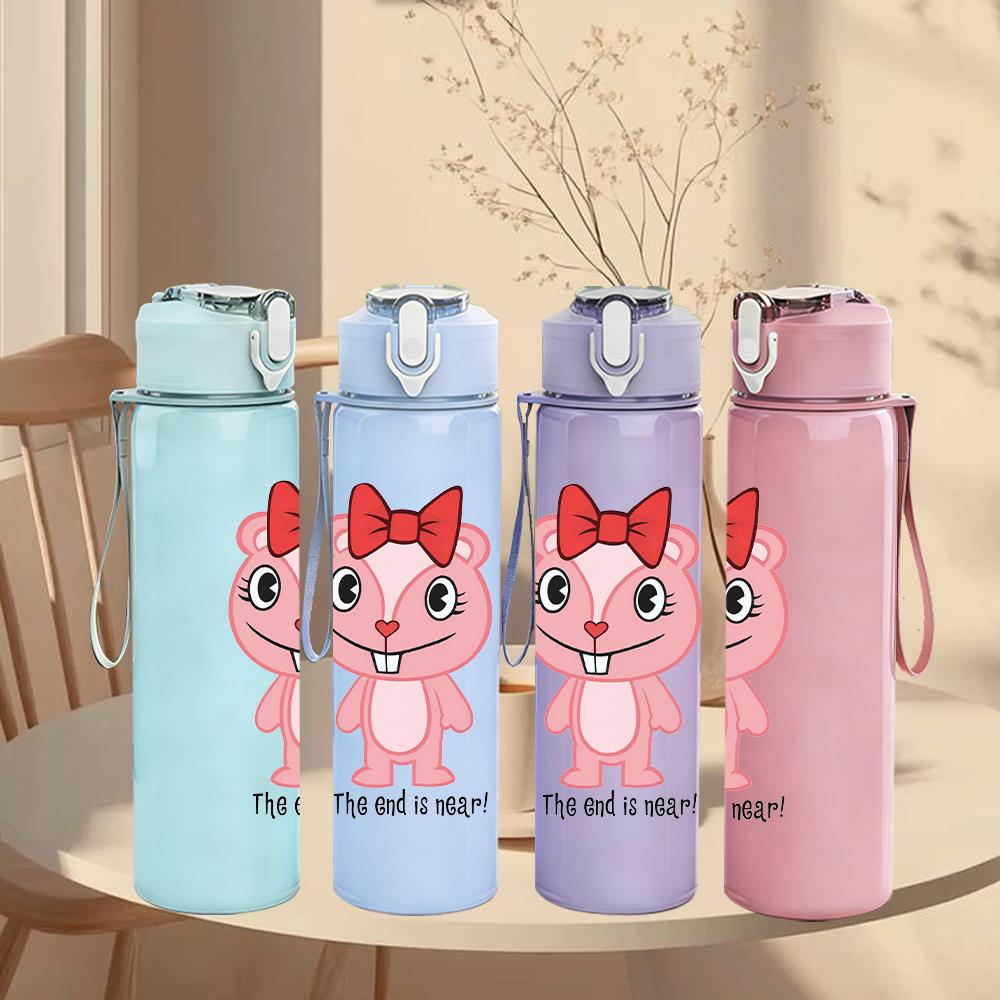 1PC Pink Pig Cartoon Figure Print 750ml Colorful Plastic Sports Water Bottle Leakproof Pop Lid with Straw for Outdoor Office Home Use