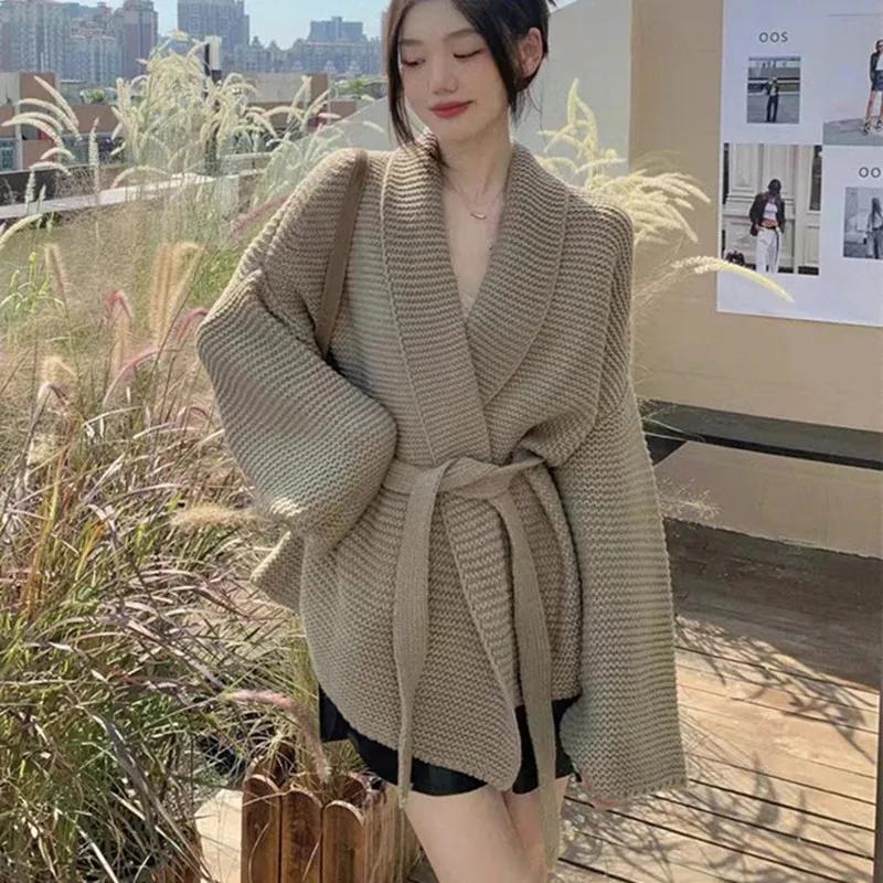 Knitted Female Cardigan Bathrobe Wind Aura Type Lace Up Autumn Winter Lazy Loose Sweater