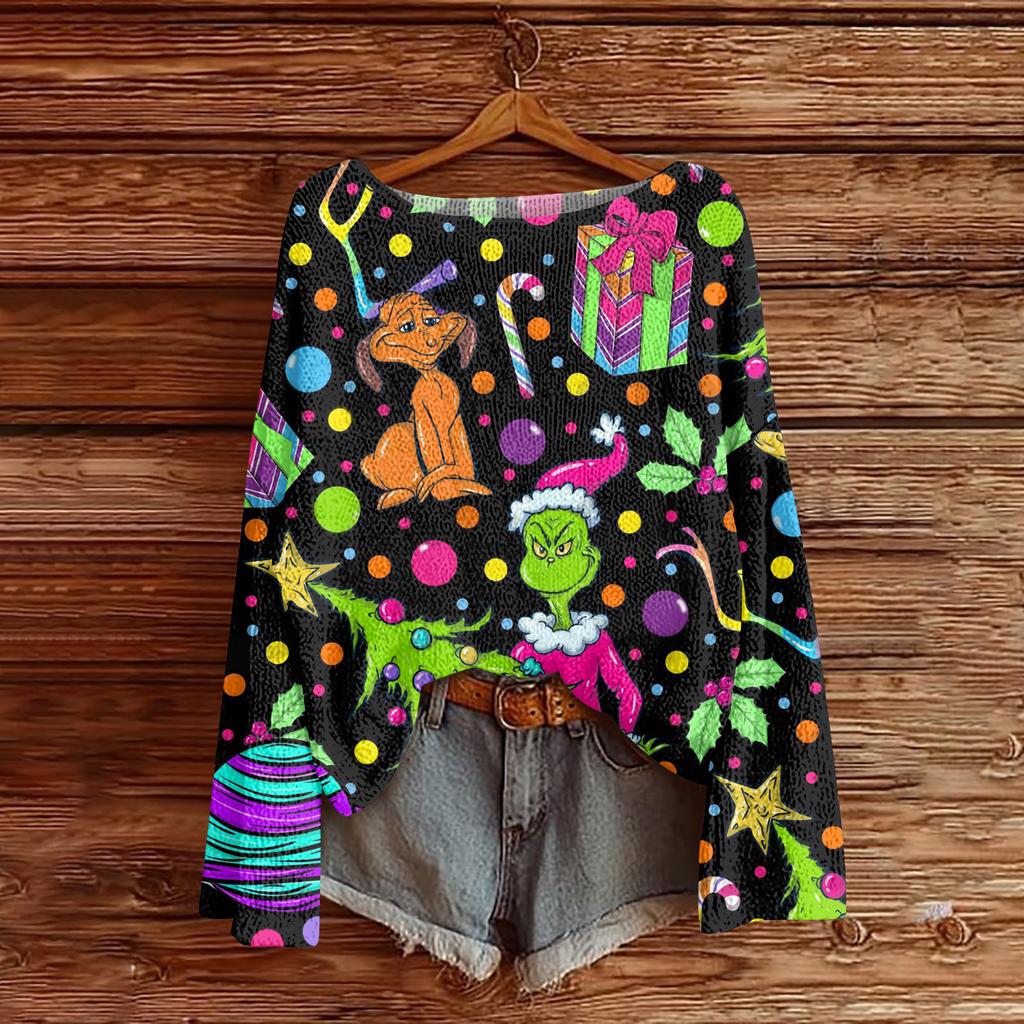 Women's Fashion Round Neck Long Sleeve Christmas Print Casual Knit Pullover Top